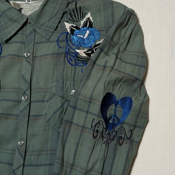 3J Workshop Johnny Was Embroidered Plaid Snap Shirt Green M Y2K Rock N Roll - Picture 7 of 12